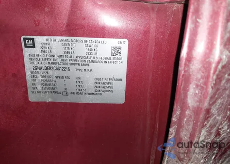 2012 Chevrolet Equinox 1Lt from USA, damaged, VIN 2GNALDEK3C6312216